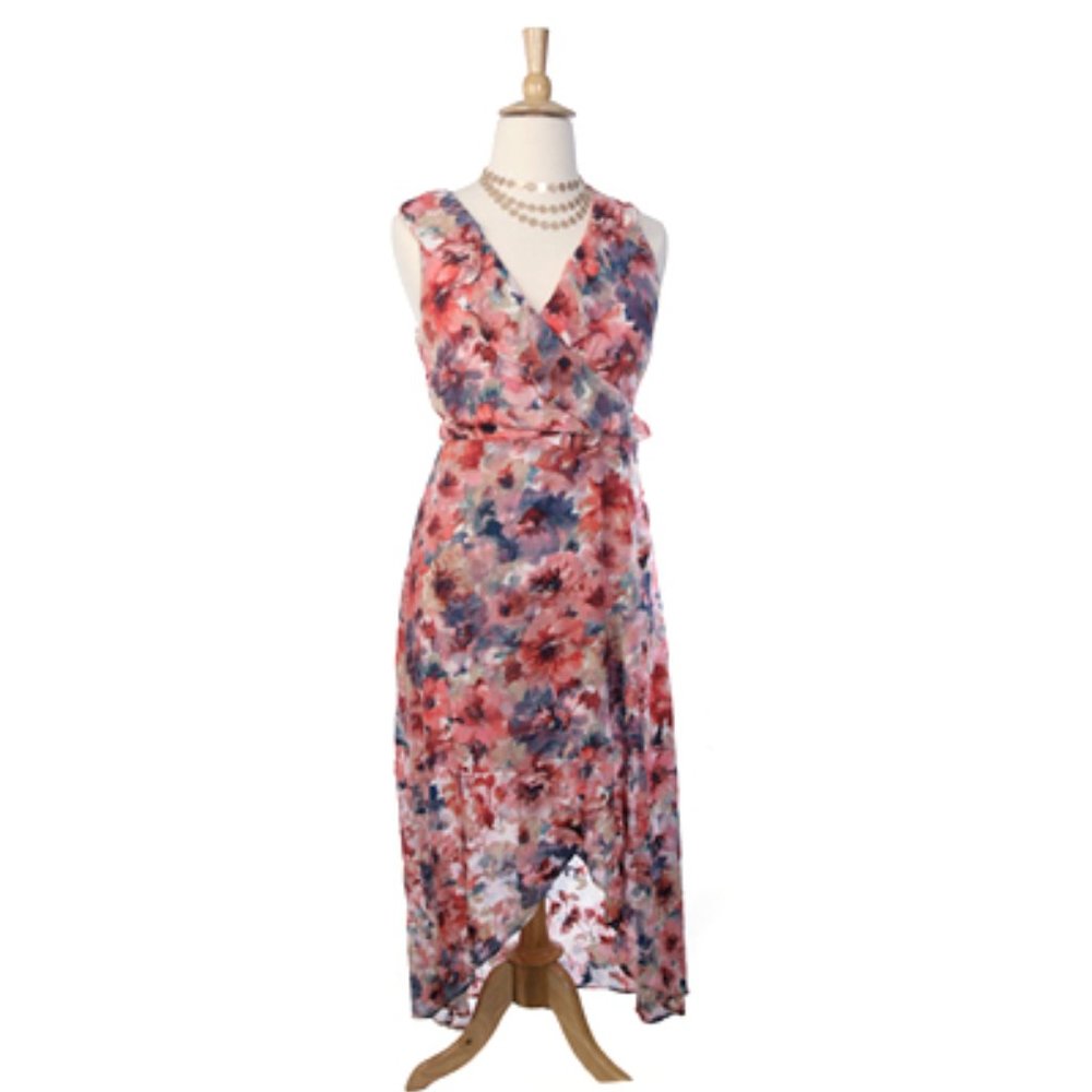 Cupio Sleeveless Ruffled Front Wrap Dress Lined Midi High-Low - Picture 3 of 7